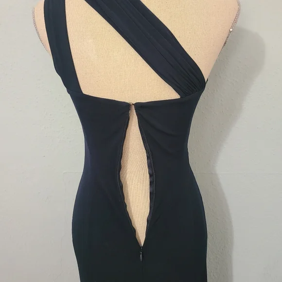 David Meister Dress Gown Maxi Dark Blue One Shoulder Crystal Wedding 2 - Picture 9 of 16